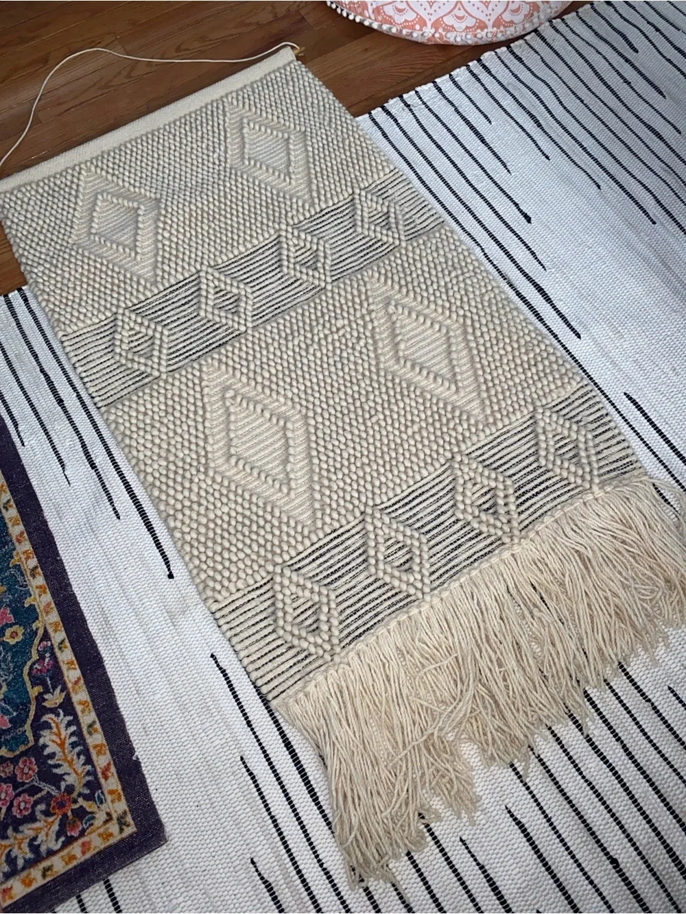 Handwoven Moroccan-Style Cream Macrame  Wall Hanging with Black Accents